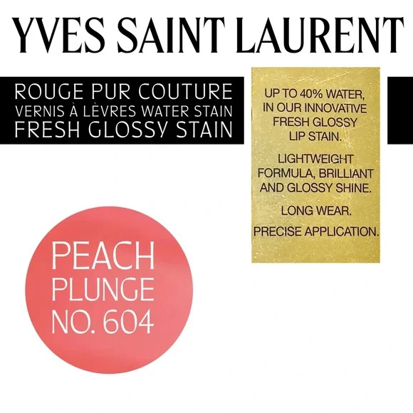 Yves Saint Laurent 🆕 Vernis à Lèvres Water Stain • Peach Plunge, No. 604 • NEW - Picture 10 of 17